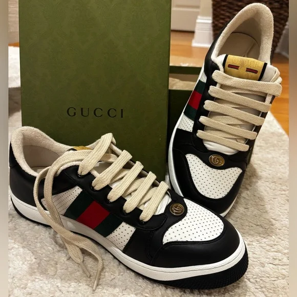 Gucci Men’s Black and White Web Logo Low Top Sneakers - Size 9.5 (US) Never Worn - Picture 1 of 10